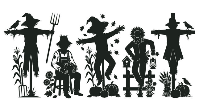 Autumn scarecrow silhouettes vector design set with pumpkins corn and farm elements scarecrow silhouettes pumpkins elements halloween pitchfork
