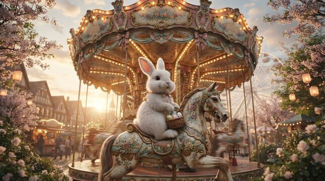 Rabbit sitting on carousel horse