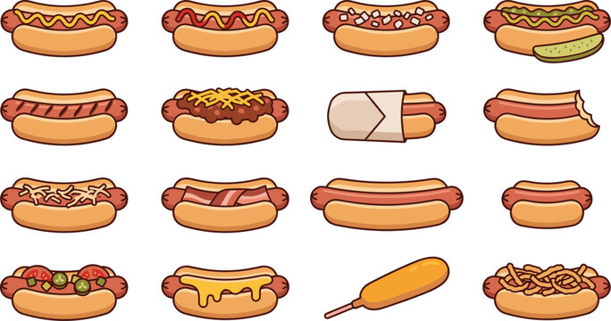 Hot Dog Icon Set with Mustard, Ketchup, Bacon, Cheese, and Corn Dog Toppings for Fast Food and Menu Designs