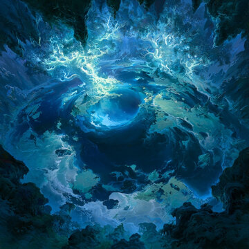 a top down view of deep giant, multi continent sized underground cavern. filled with an underground ocean. illuminated by giant glowing world trees, whose branches reach the top of the cavern. 