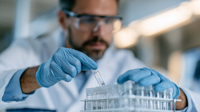 Labeling one critical sample tube beside the rack, a laboratory technician records the corresponding process check during a biotechnology laboratory night shift, close over-the-sho