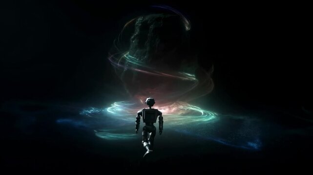 Robot walks forward toward swirling glowing light particles in a dark abstract space. Abstract animation features walking and luminous energy.