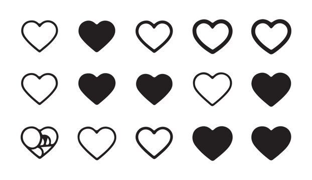 Simple heart outline and solid black icon collection for valentines day greeting cards and mobile software.