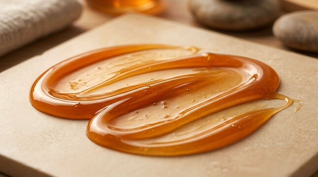 Golden amber sugar paste or body wax smear spread on a light stone surface