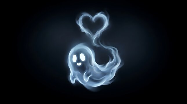 Ethereal smoke ghost with heart tail, glowing blue spirit on black background, cute phantom character for Halloween