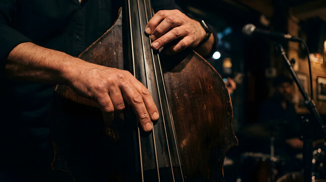 A close-up of a musician playing an upright double bass in a dimly lit jazz club