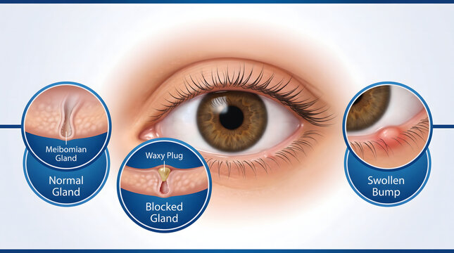 Close-up medical illustration of eye conditions. Meibomian gland dysfunction and blocked tear duct comparison. Normal watery and swollen eyelid cross-sections