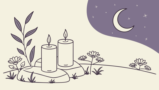 Candles glowing under crescent moon on all saints day, symbolizing prayer, remembrance, faith, peace and spiritual memorial tradition