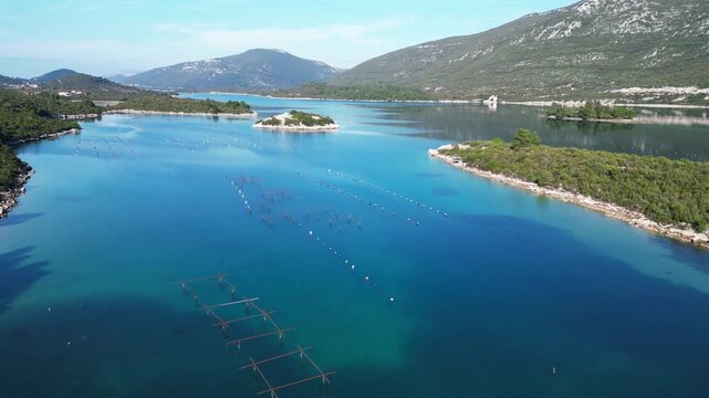 Aerial drone footage over Mali Ston Bay in Croatia, revealing extensive marine aquaculture installations surrounded by crystal-clear blue water