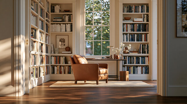 Photorealistic high end residential interior photography, elegant warm minimalist home study, refined transitional architecture with subtle European influence, creamy warm white pl