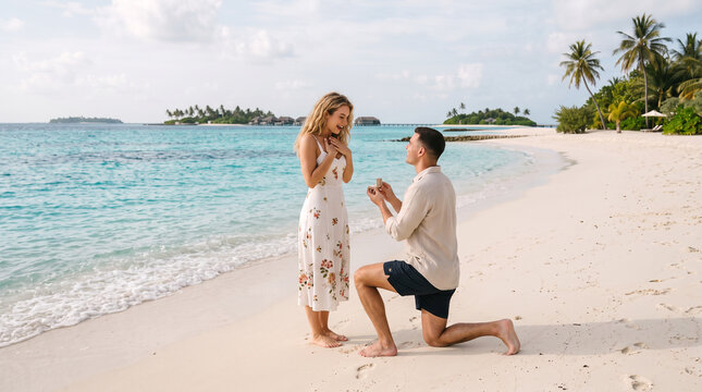 Romantic marriage proposal on a pristine Maldives beach: a young man kneeling on the white sand to propose to his surprised girlfriend with a ring.
