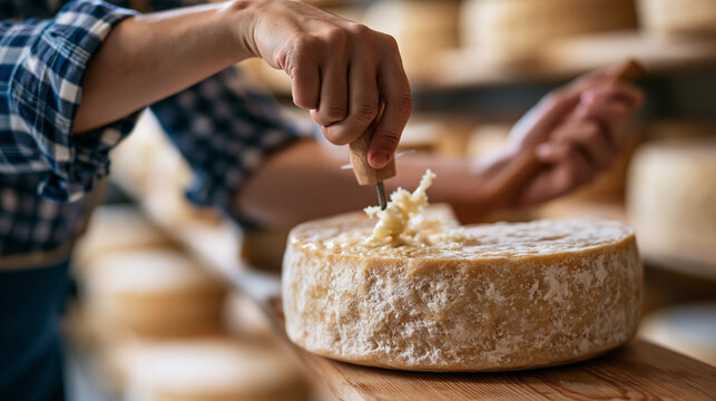 Artisan cheesemaker drawing a thin sample with a cheese trier from a large aging wheel to check ripeness, close medium shot capturing texture and aroma-testing gesture, rows of whe