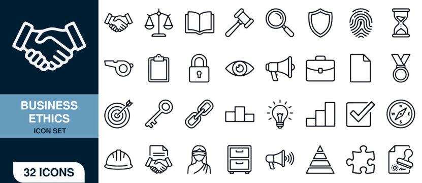 Business Ethics Icon Set with 32 Icons. Conceptual Illustration for Corporate