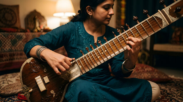 An Indian woman sitting cross-legged indoors playing a traditional sitar with intricate woodwork