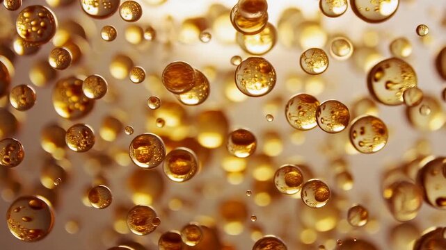 Golden liquid bubbles float and drift slowly in a warm blurred background. Animated scene combines spherical bubbles and liquid droplets with glowing light.