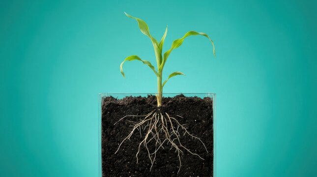 Small green corn plant seedling with visible white roots growing in a square soil container block