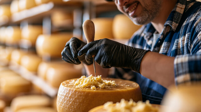 Artisan cheesemaker in clean black latex gloves drawing a thin sample with a cheese trier from a large aging wheel to check ripeness, close medium shot capturing texture and aroma-