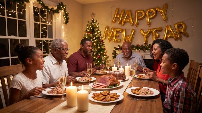 Happy New Year celebration with multi-generational Black family dinner. Festive holiday meal with gold balloons, Christmas tree, and candles.