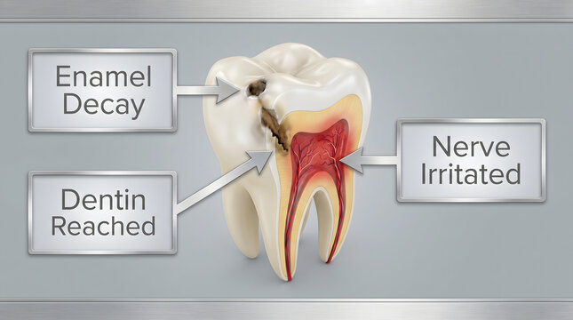 Advanced tooth decay cross-section illustration. Enamel decay and exposed dentin with irritated nerve. Dental anatomy vector for education and healthcare