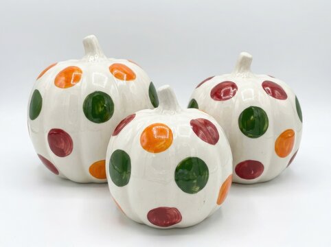 Three white ceramic pumpkins with colorful polka dots arranged on a white background, creating a playful Halloween and autumn holiday decoration concept.