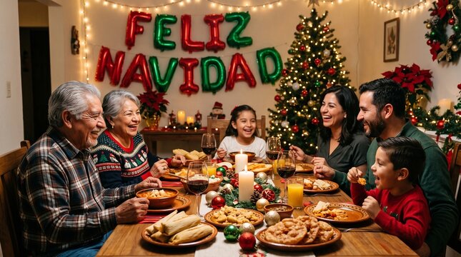 Feliz Navidad Hispanic family Christmas dinner, multi-generational Latin family holiday celebration, festive home interior with tree