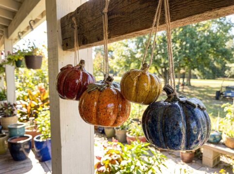 Colorful ceramic pumpkins hang from a rustic wooden porch overlooking a sunny garden, creating a cozy autumn and Halloween decoration scene.