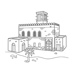 Fototapeta premium Zubair Museum Oman Black Outline Coloring Illustration
