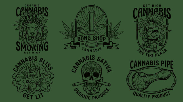 Marijuana vintage bundle logo set. Cannabis sativa leaf vector illustration. Hand drawn skull lion tiki mask bong designs. Retro weed smoking lifestyle graphic elements.
