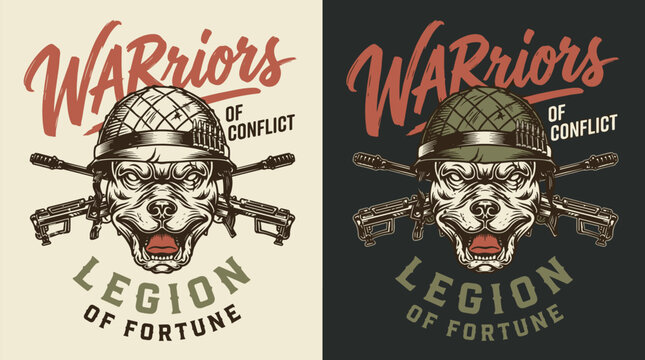 Warriors of conflict military dog. Pitbull wearing tactical helmet with guns. Legion of fortune vintage vector illustration. Angry animal soldier t-shirt design.