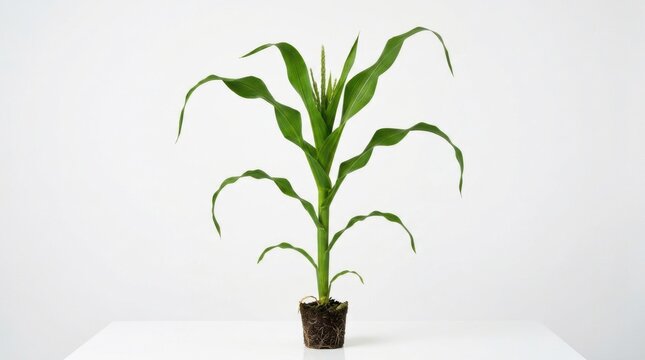 A single young green corn plant with roots showing standing upright for agricultural farm cultivation