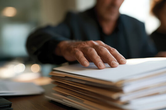 A close-up of a hand resting on a stack of documents signifies the importance of paperwork in the professional world highlighted in a well-lit office space.