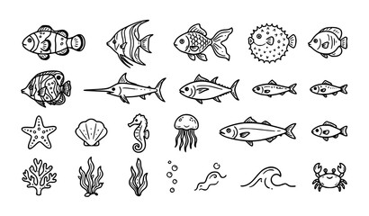 Obraz premium Hand Drawn Fish Doodle Icon Set with Cute Ocean Sea Life Sketches