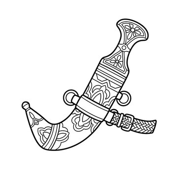 Traditional Omani Khanjar Dagger Black Outline Coloring Illustration