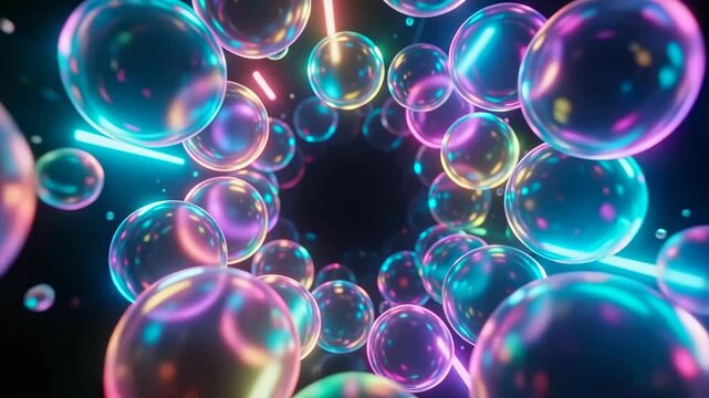 Futuristic glowing neon spheres in dark tunnel