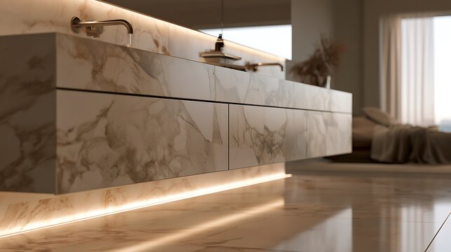 Modern luxury marble vanity cabinet with warm under-cabinet LED lighting in a contemporary bathroom.