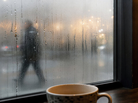 Raindrops and condensation on a window with a blurred person walking outside. Coffee cup on a wooden sill on a gloomy wet day