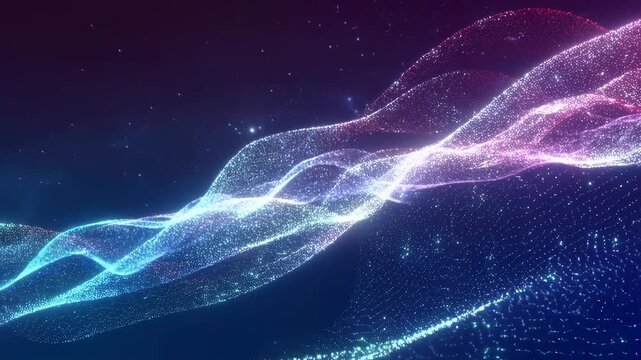 Flowing waves of glowing blue and pink particles twist and pulse across a dark gradient background. Layered blue and purple tones enhance movement and depth.