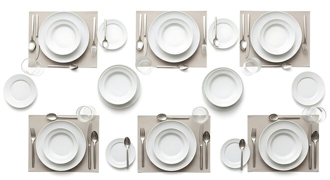 Multiple white dinner plate settings arranged.