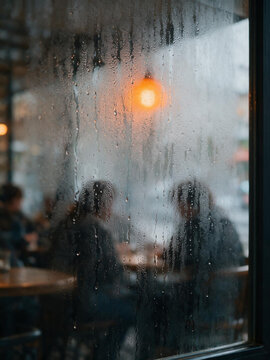 Blurred silhouettes of a couple sitting in a cozy cafe viewed through a wet glass window covered in rain drops and condensation. Warm interior lights contrasting with cold rainy weather