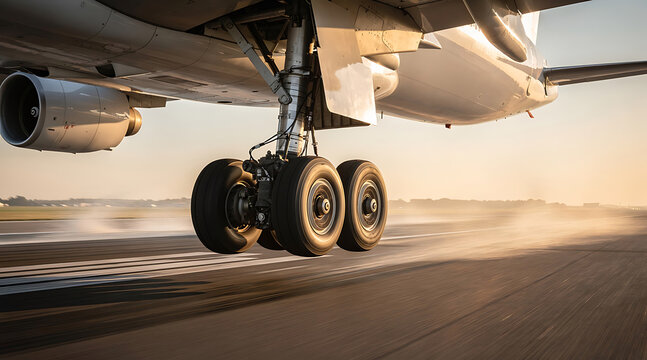 Close-up of an airplane's landing gear touching down on the runway during sunset capturing the motion and power of air travel
