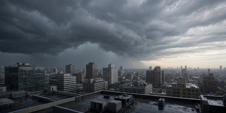Wide cityscape under a massive dark storm cloud. Dramatic urban skyline with impending severe weather. Rooftop view of approaching thunderstorm