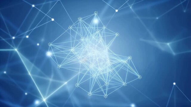 Glowing network of interconnected nodes and lines rotates and pulses on a blue gradient background. Design backdrop with rotating, glowing light and layered depth.