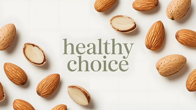 Fresh organic raw almonds arranged around central elegant healthy choice typography on white studio background