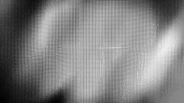 Black halftone dots shift and morph across a white to gray gradient background forming dynamic moving patterns. Animated background combines gradient shading with layered depth.