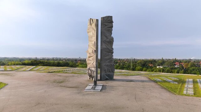 Wroclaw, Poland - aerial view of Monument to the Polish Army Soldiers on Oporowskie Hill. Built in 1979