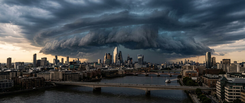 Massive ominous storm cloud looming over a modern city skyline. Dramatic severe weather and impending thunderstorm above urban landscape