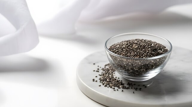 Organic chia seeds placed inside small clear glass bowl resting on round white marble board
