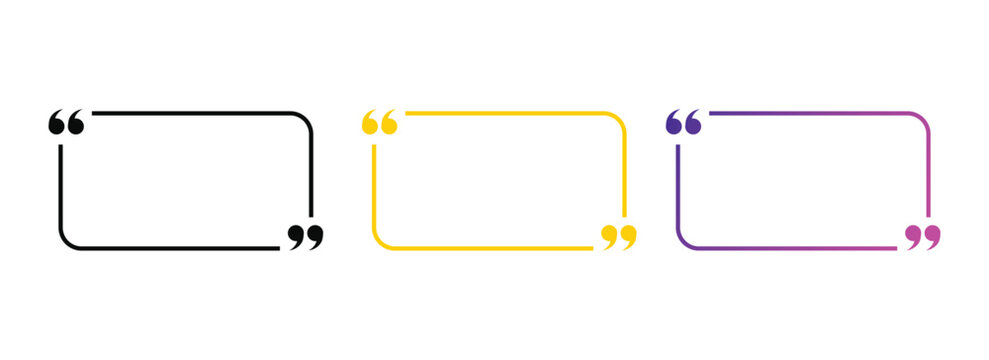 quote box icon set. rounded rectangular speech bubble symbols with quotation marks in black yellow and purple.