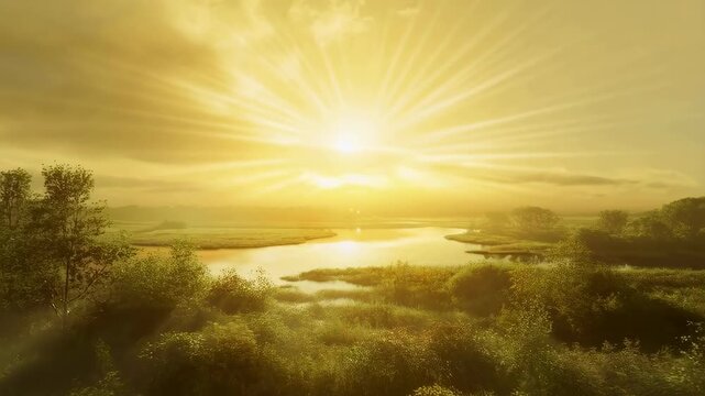 Golden sun rises over a winding river surrounded by green trees and bushes with light rays spreading across a cloudy sky. Animated texture shows sun and river with rising sun.