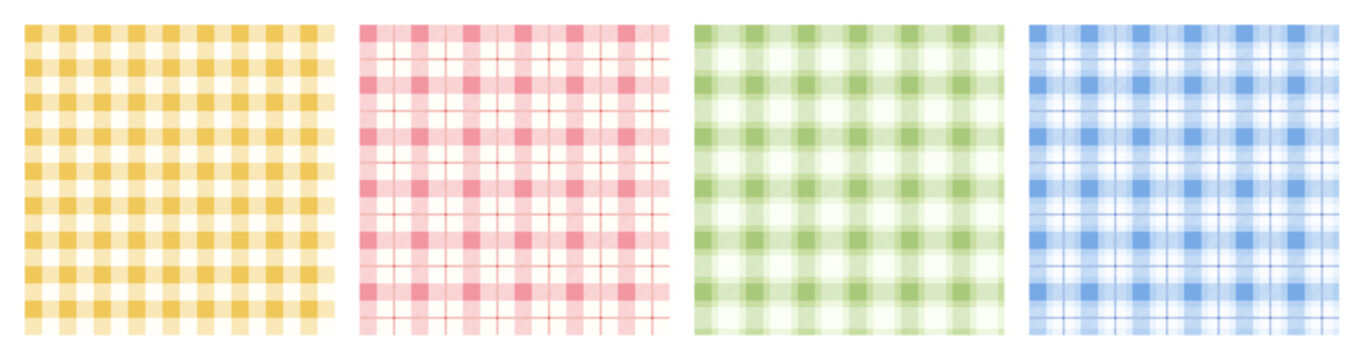 Colorful Vichy Background Set. Gingham Seamless Pattern. Tartan Plaid Wallpaper in yellow, pink, green, blue.